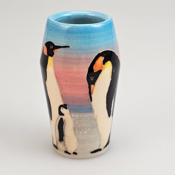 Penguin On light blue Barrel 3" designed by Sally Tuffin for the Dennis Chinaworks