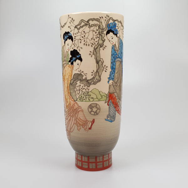 Dennis Chinaworks Sally Tuffin Chinese Football 12" deco vase