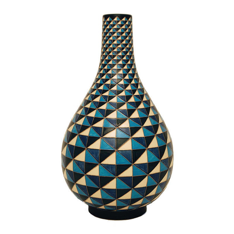 Dennis Chinaworks Geometric Tumbling Block Blue Bottle 14" - uk-art-pottery-test-site