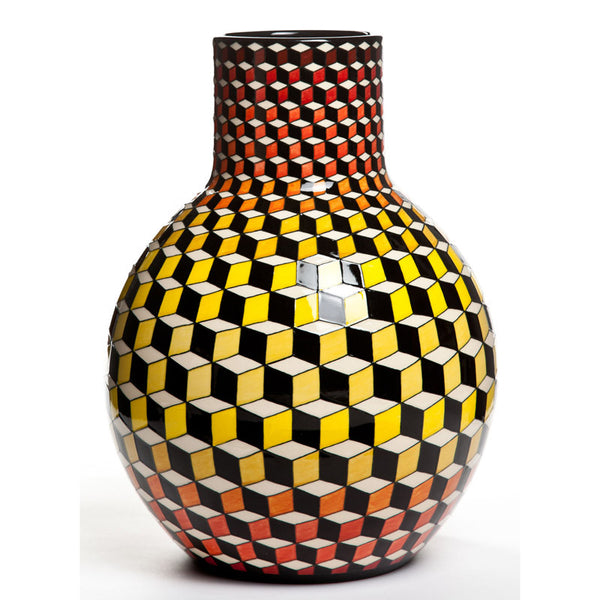 Dennis Chinaworks Geometric Tumbling Block red Spherical Bottle 14.5" - uk-art-pottery-test-site