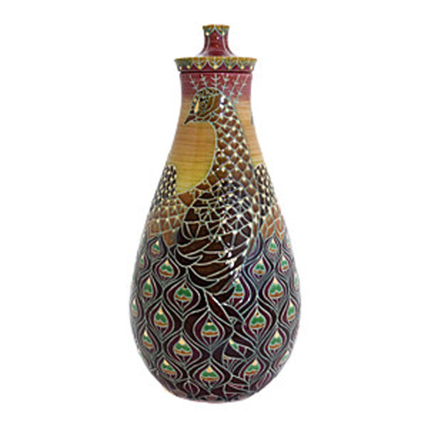 Dennis Chinaworks Peacock Lustred Flask 8.5" - uk-art-pottery-test-site