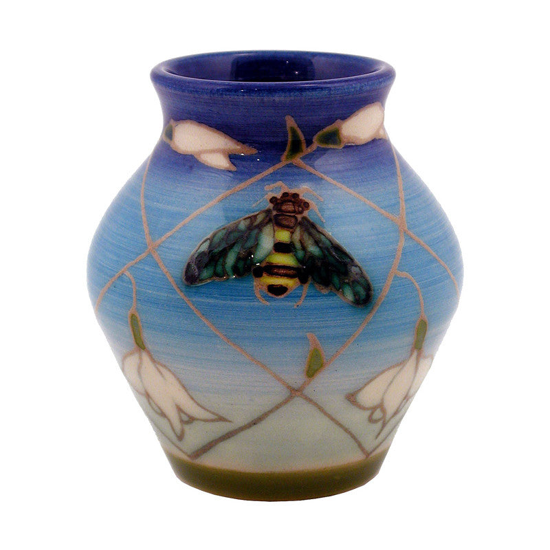 Dennis Chinaworks Snowdrop and Bee on Blue Vase 3.75" - uk-art-pottery-test-site