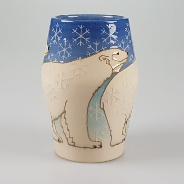 Sally Tuffin Dennis Chinaworks Polar Bear on Blue Barrel 6".